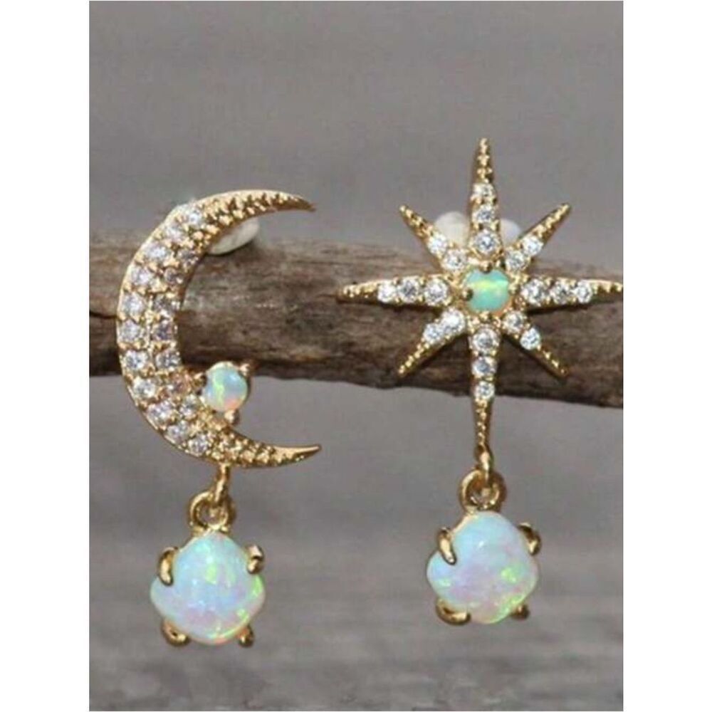 Gold Opal Moon & Star Stud Earrings A1689